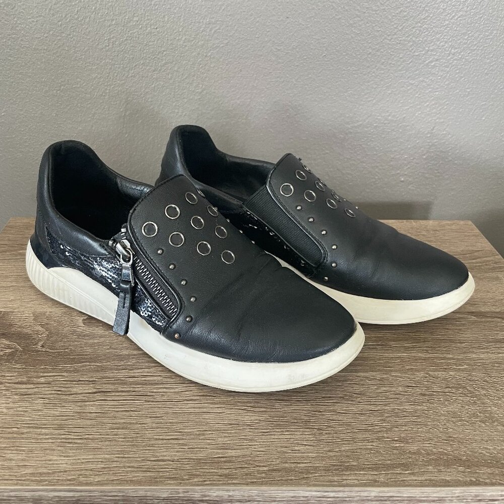 Geox Black Studded Zip Slip-On Sneakers Sequin Accent Comfort Shoes